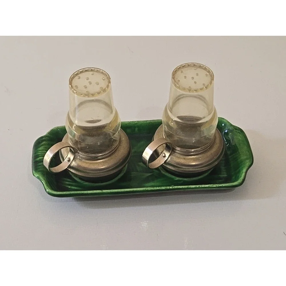 Vtg Japan Salt & Pepper Shakers Oil Lamp Metal Plastic Platform Hurricane MCM 3